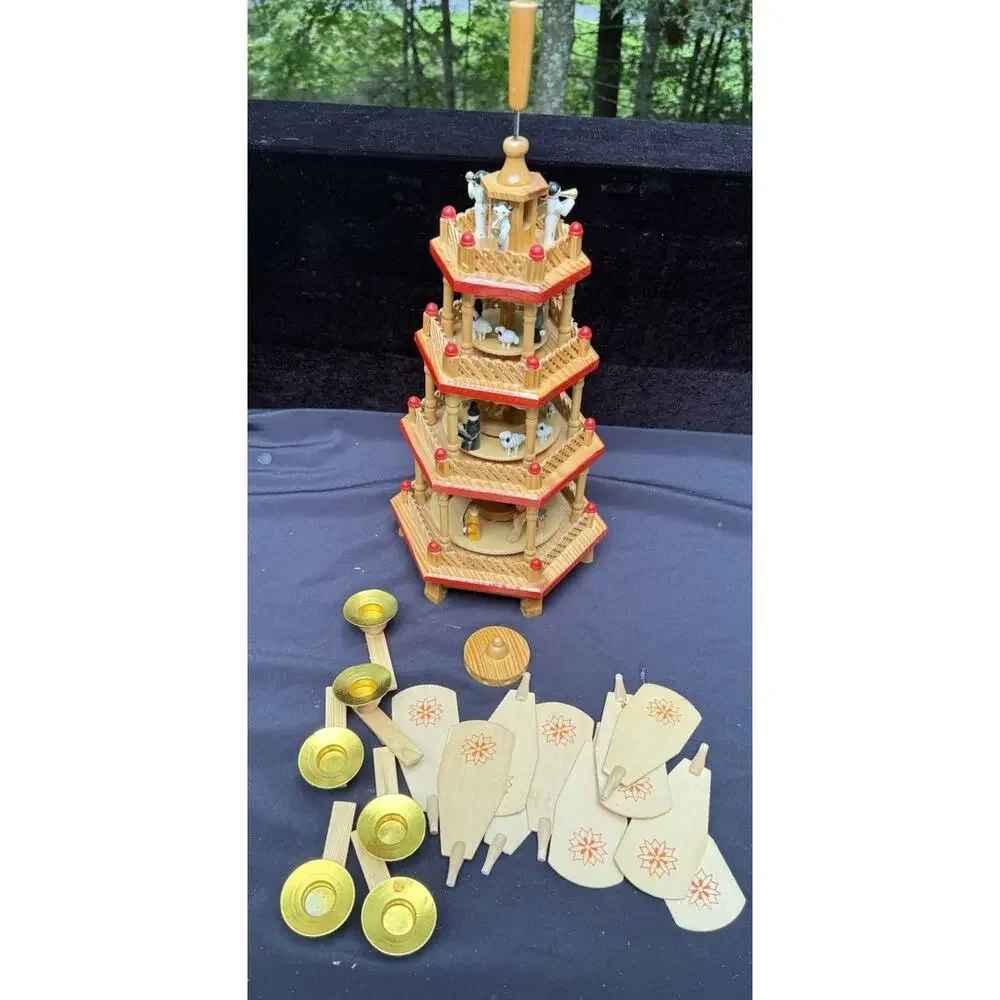 Vintage Lillian Vernon 4 Tier Wood Christmas Spinning Pyramid Complete